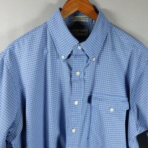 Vtg LL Bean Single Needle Short Sleeve Blue Button Down Size 17 Made In USA
